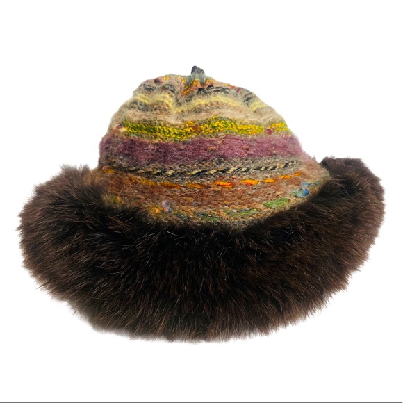 Vintage Accessories - Vintage 90s Rabbit Fur & Multicolour Wool Hat Boho